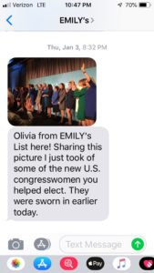 EMILY's List 2019 text message coverage of one of their Class of 2019 Congressional Inauguration events