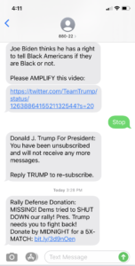 Image of Trump Campaign text message recipient texting STOP, told they were opted out, but then getting another text the next day.