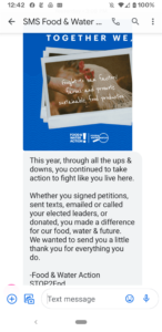 Food and Water Watch including STOP opt-out language in text message