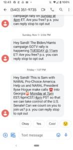 NARAL including STOP opt-out language in peer-to-peer text message