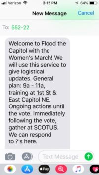 Women's March text opt-in messages to organize for direct action event