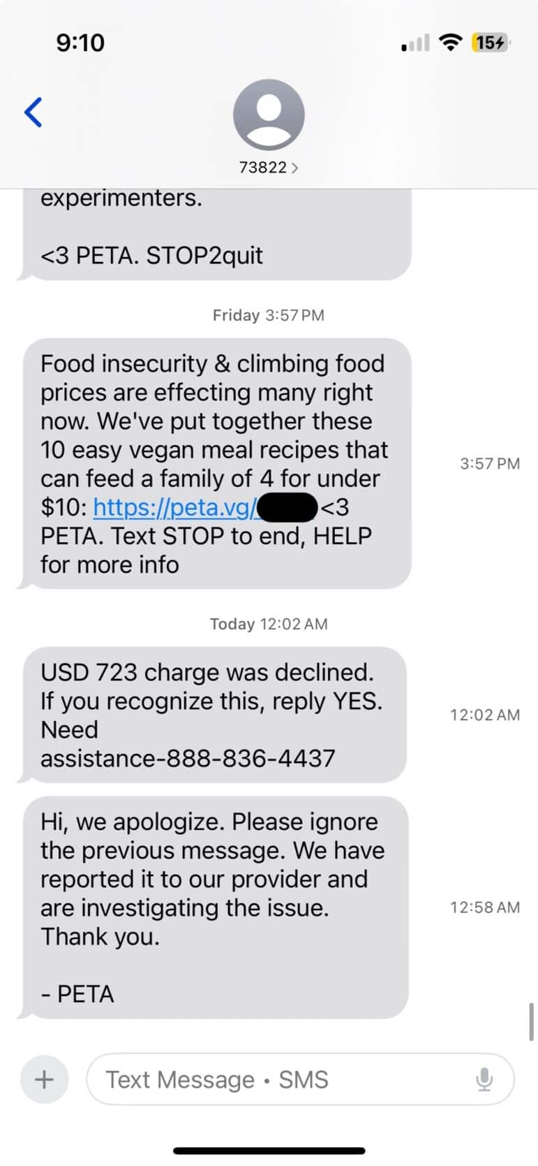 Scam text messages sent from PETA's shortcode