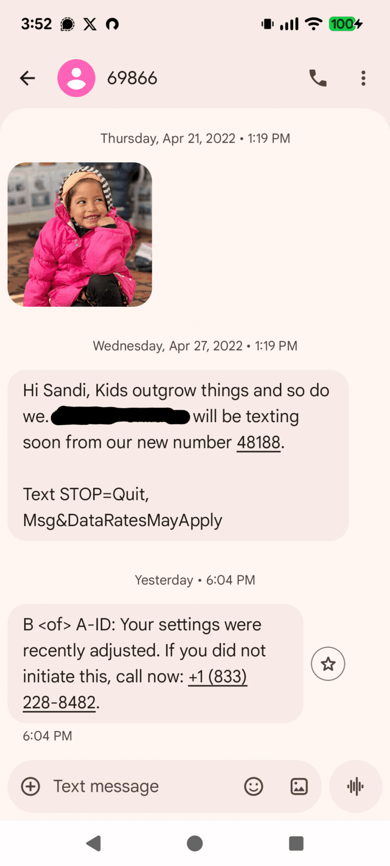 Scam text messages sent from old short code
